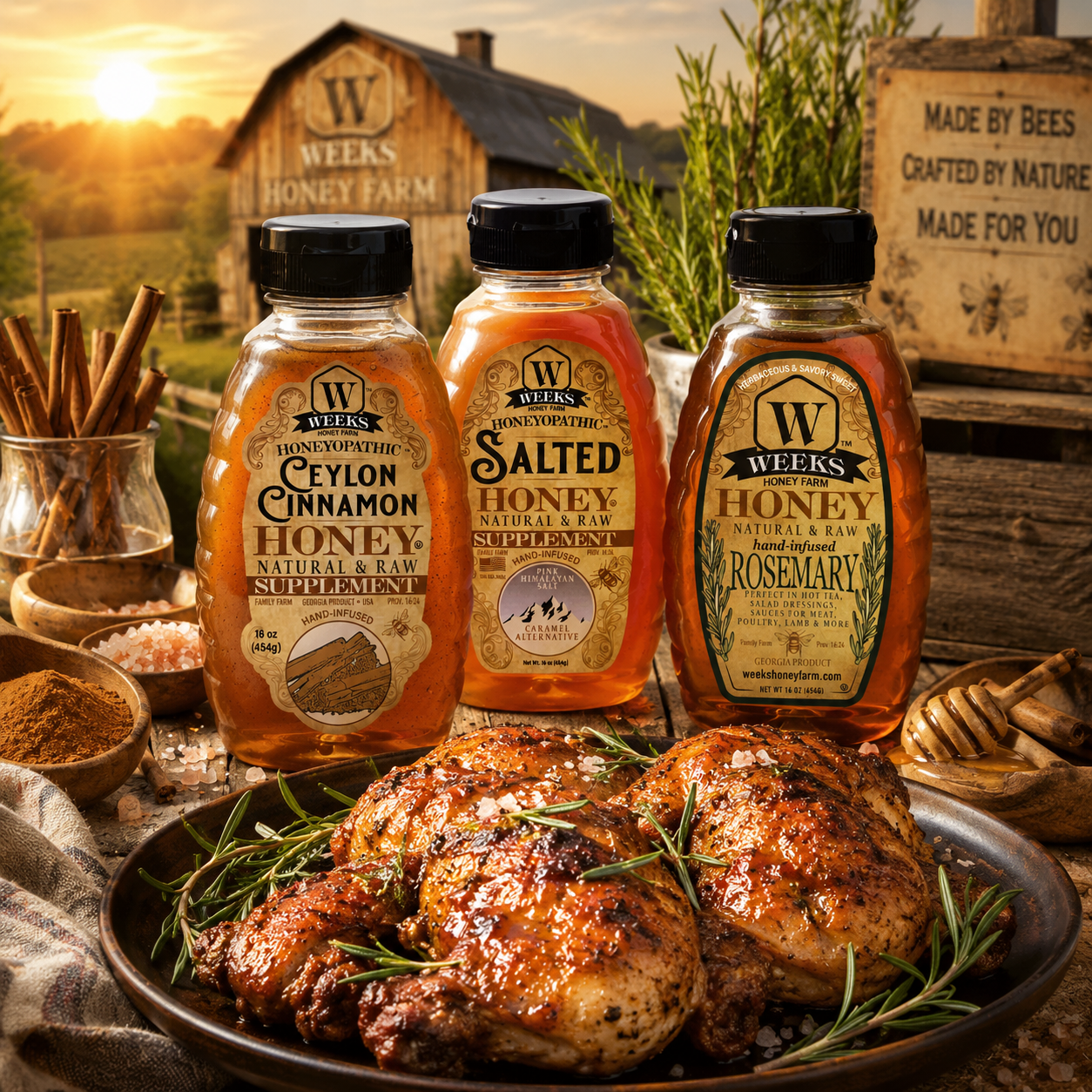 Infused Honey Trio Bundle – Ceylon Cinnamon, Rosemary & Salted Honey | Weeks Honey Farm