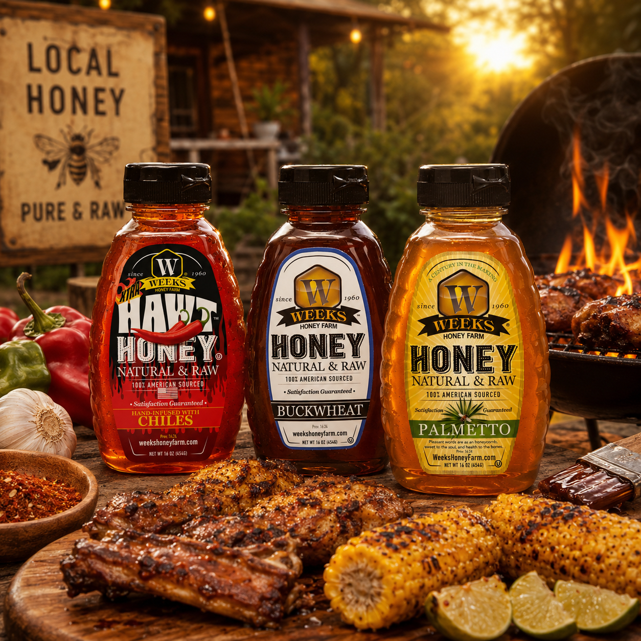 Best Sellers Honey Trio Bundle – Hawt Honey, Buckwheat & Palmetto (3 x 16 oz) | Weeks Honey Farm