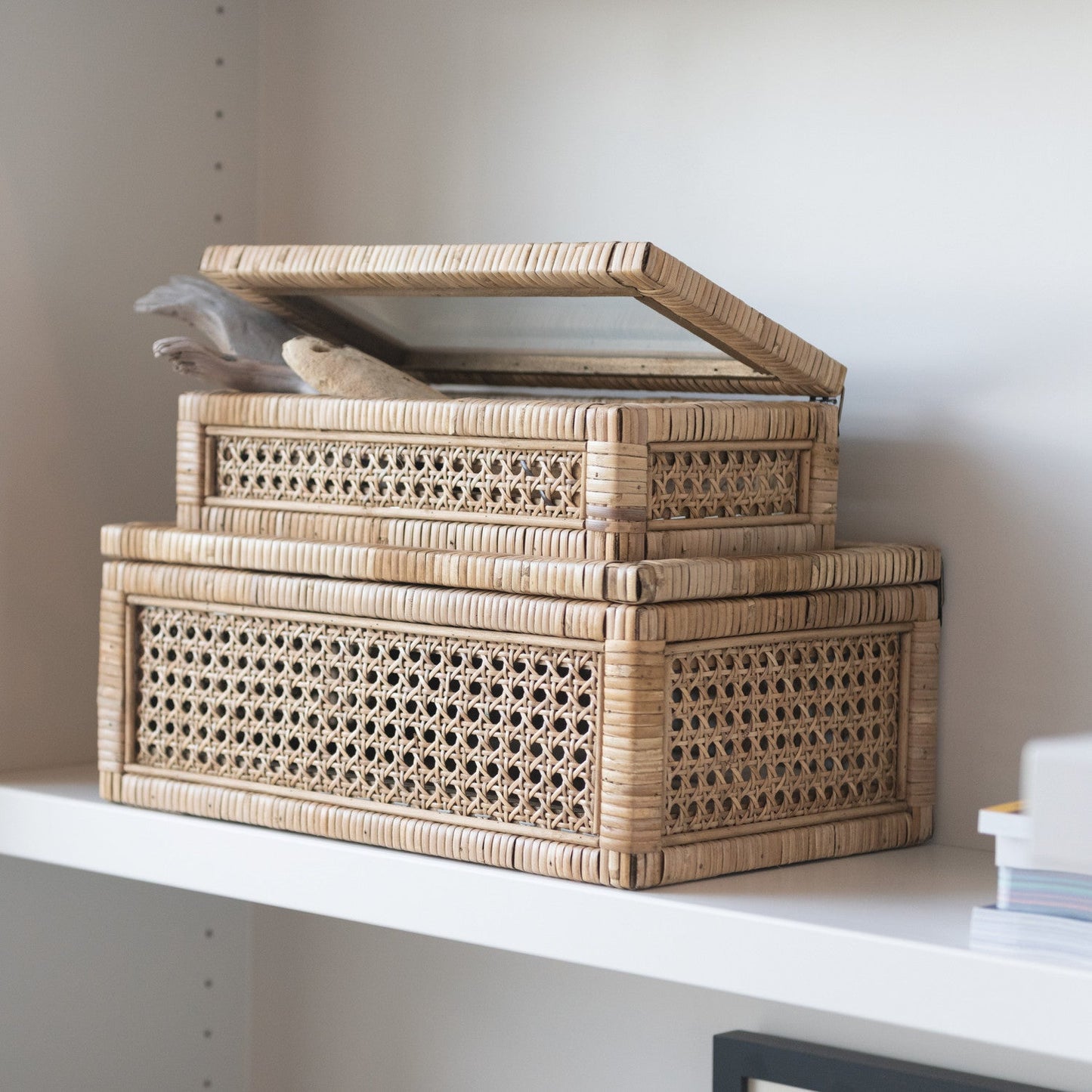 Woven Rattan Wood Display Boxes with Glass Lid | 2 Sizes