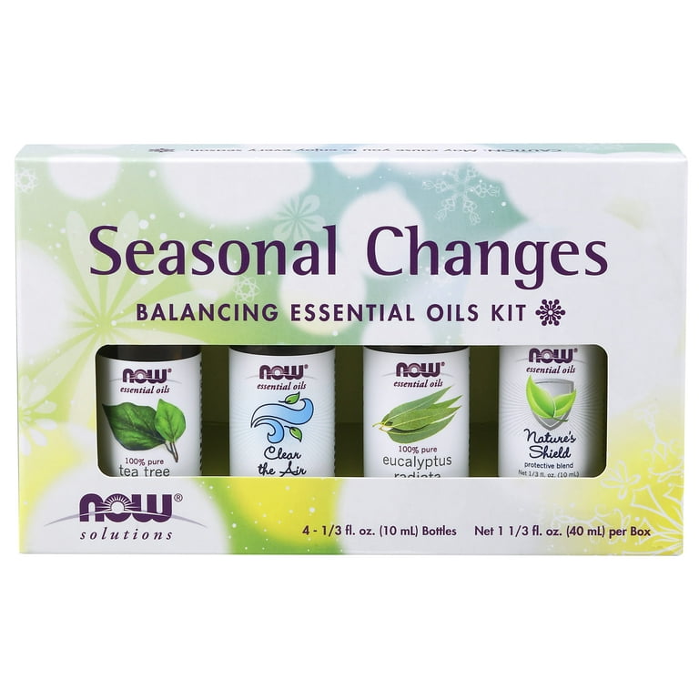 NOW Essential Oils, Seasonal Changes Balancing Aromatherapy Kit, 4x10ml Including Tea Tree, Eucalyptus Radiata, Clear the Air and Nature's Shield Oil Blend With Child Resistant Caps