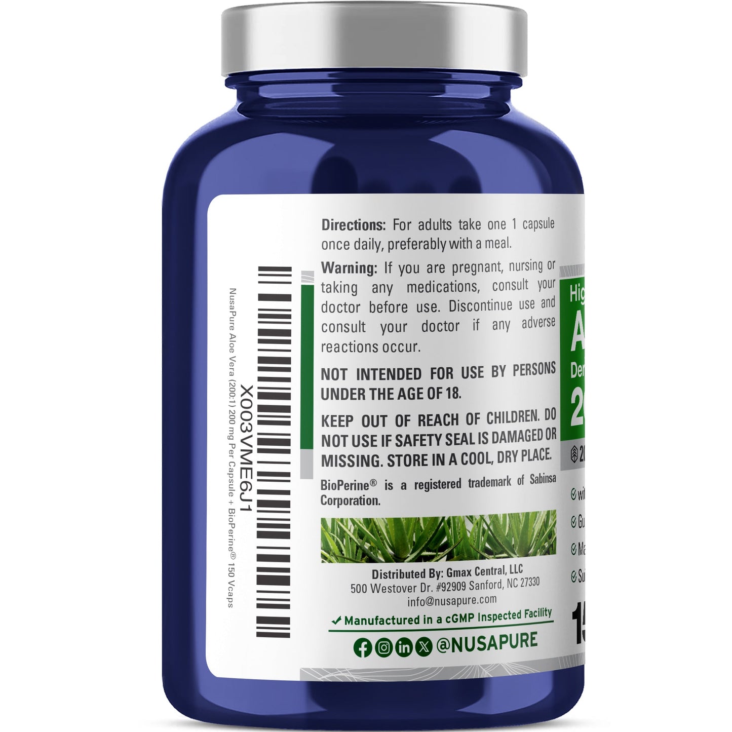 NusaPure Aloe Vera 200mg Per Veggie Caps - 150 Count - Aloe Vera Gel Supplement - Extract 200:1, Vegetarian, Non-GMO, Bioperine