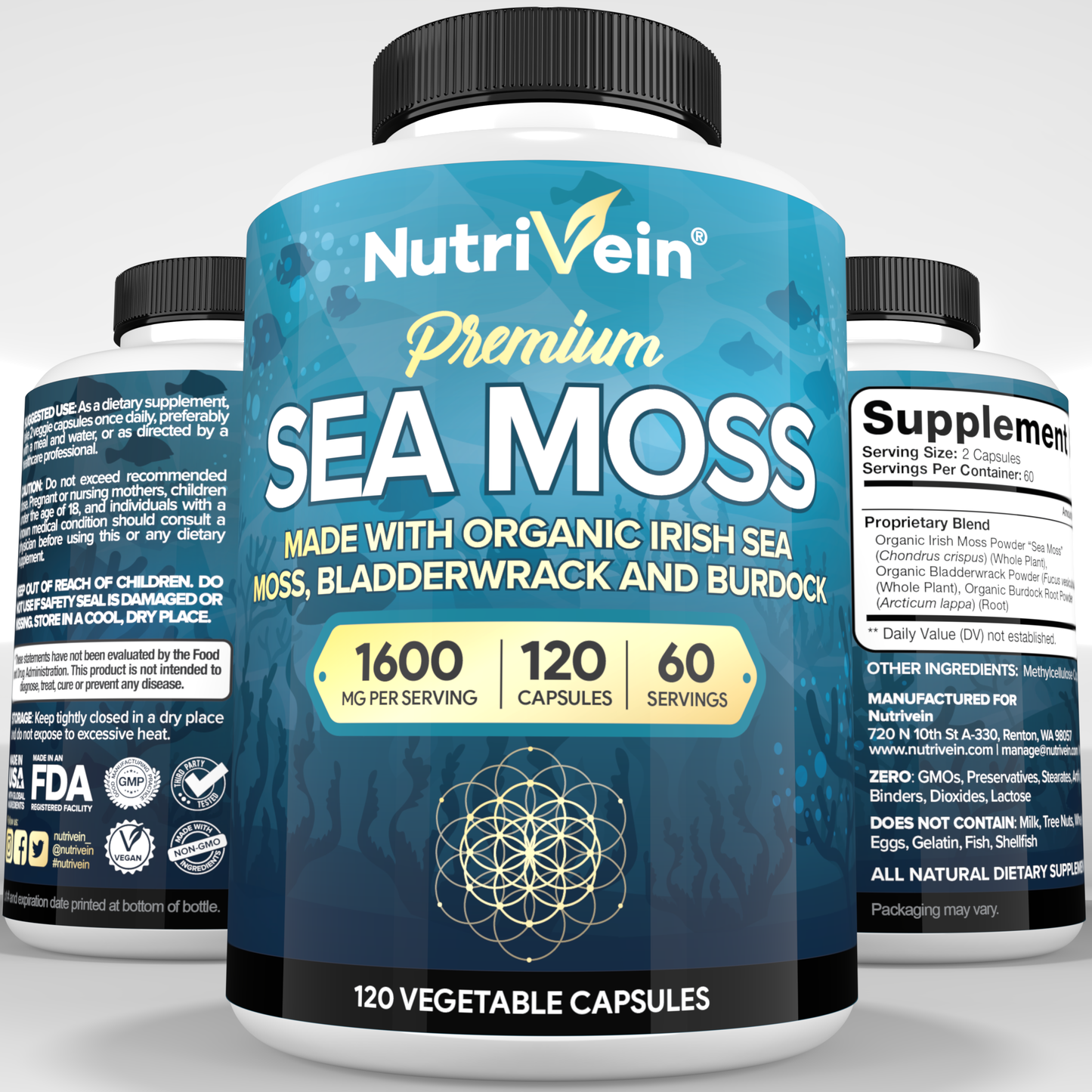 Nutrivein Organic Sea Moss 1600mg Plus Bladderwrack & Burdock - 120 Capsules