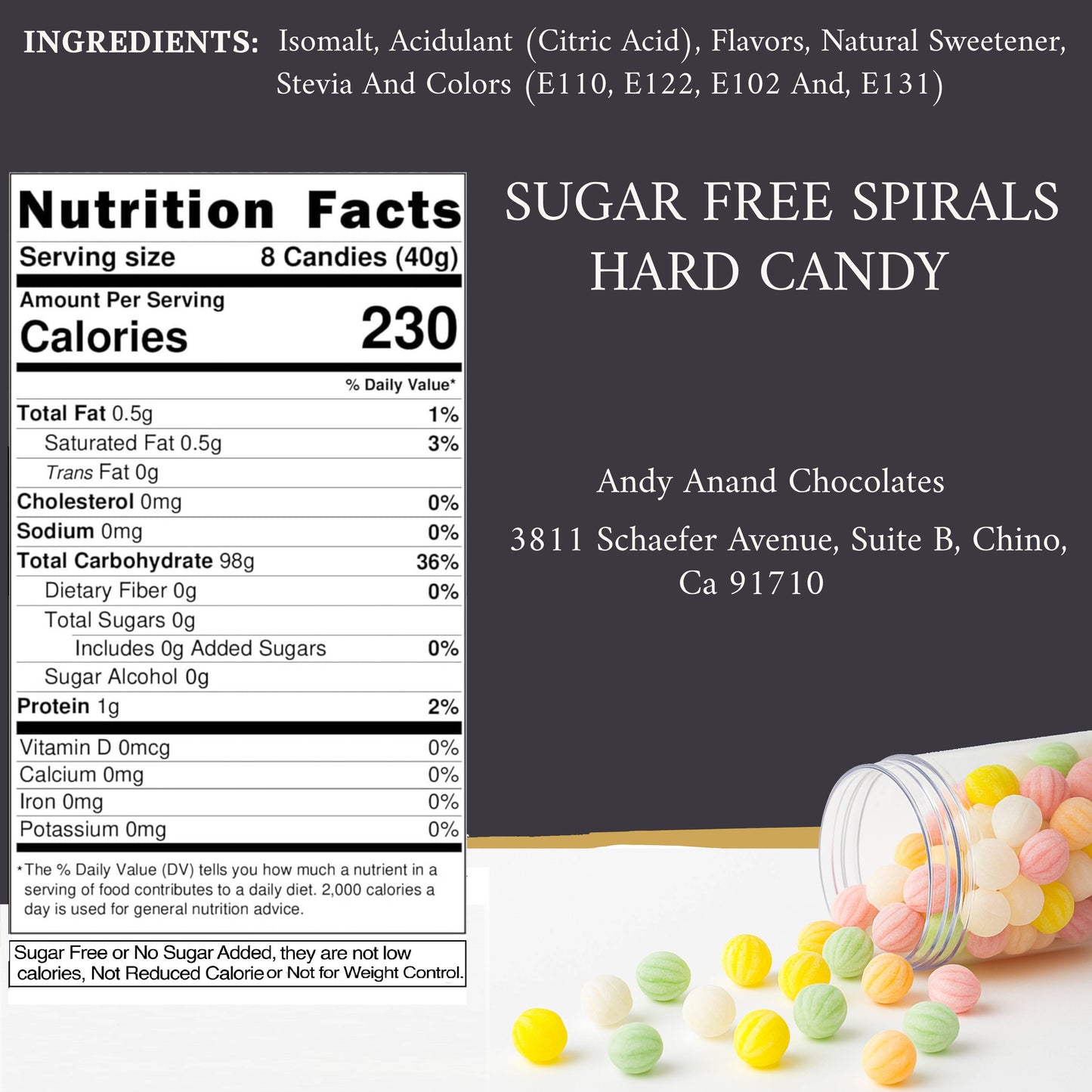 Andy Anand Sugar-Free Spiral Hard Candy, 110 pc, 7 oz – 5 Assorted Flavors, Made in Spain, Stevia Sweetened, Keto & Diabetic-Friendly Gift