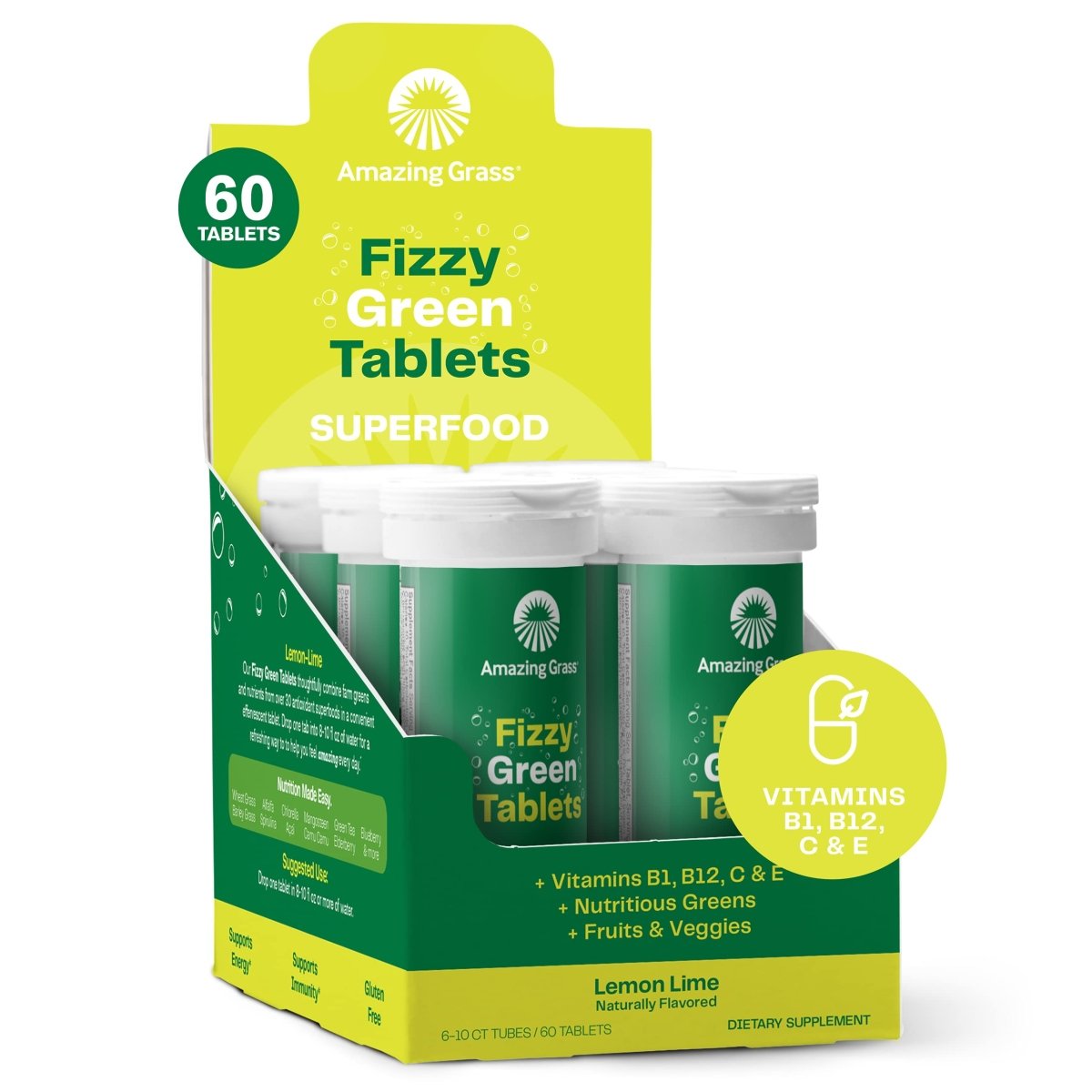 Amazing Grass Fizzy Green Tablets Superfood Lemon Lime: 60 Count (Packaging May Vary)
