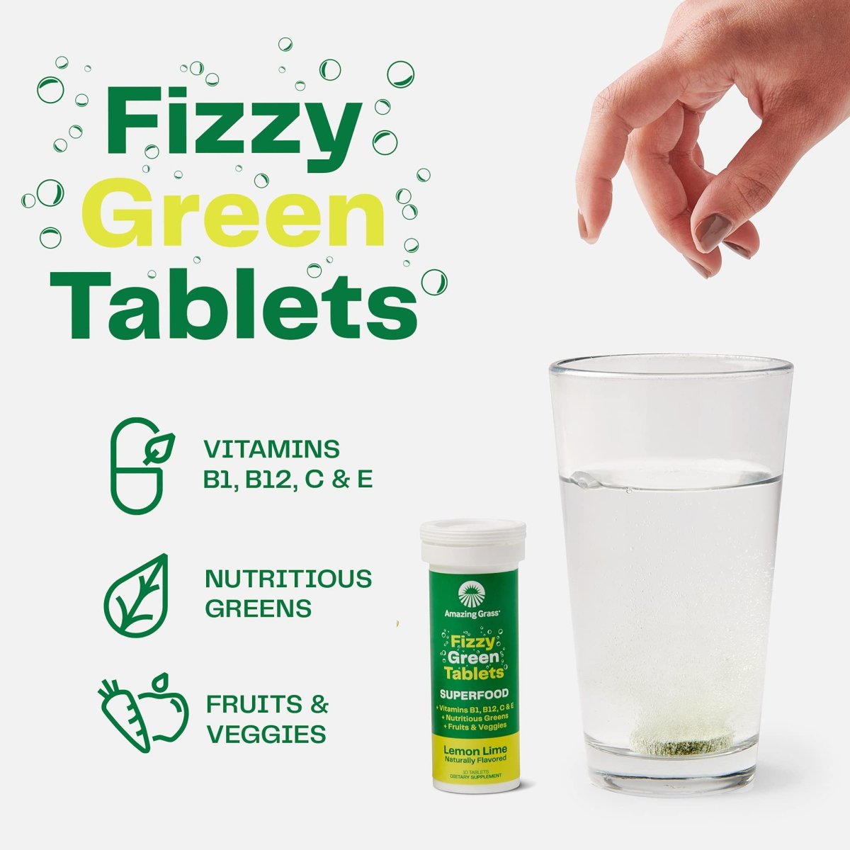 Amazing Grass Fizzy Green Tablets Superfood Lemon Lime: 60 Count (Packaging May Vary)