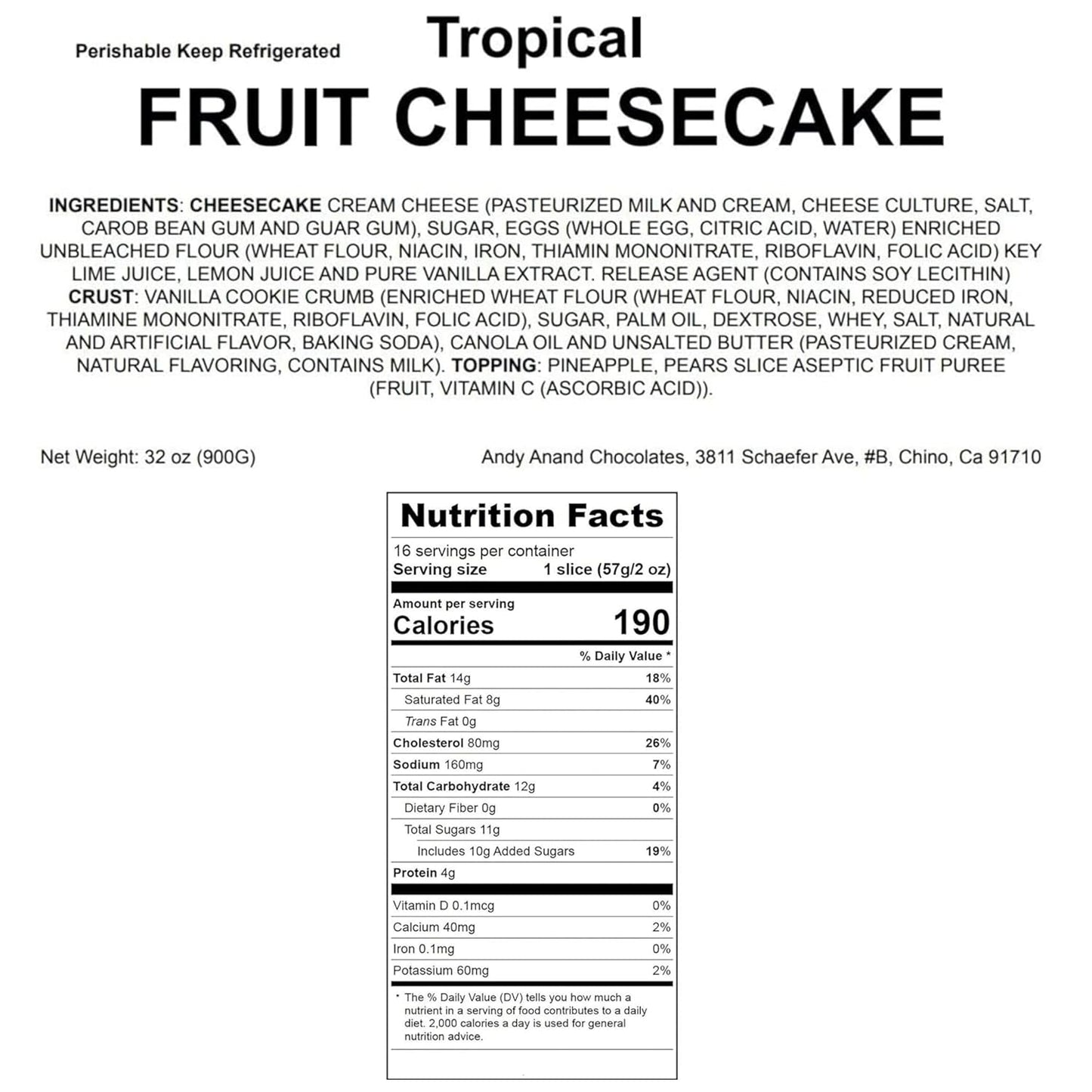 Andy Anand Tropical Fruit Cheesecake, 9-Inch, 2 lb – Pineapple, Pears & Peach Glaze, NY-Style, Real California Cream Cheese Gift Box