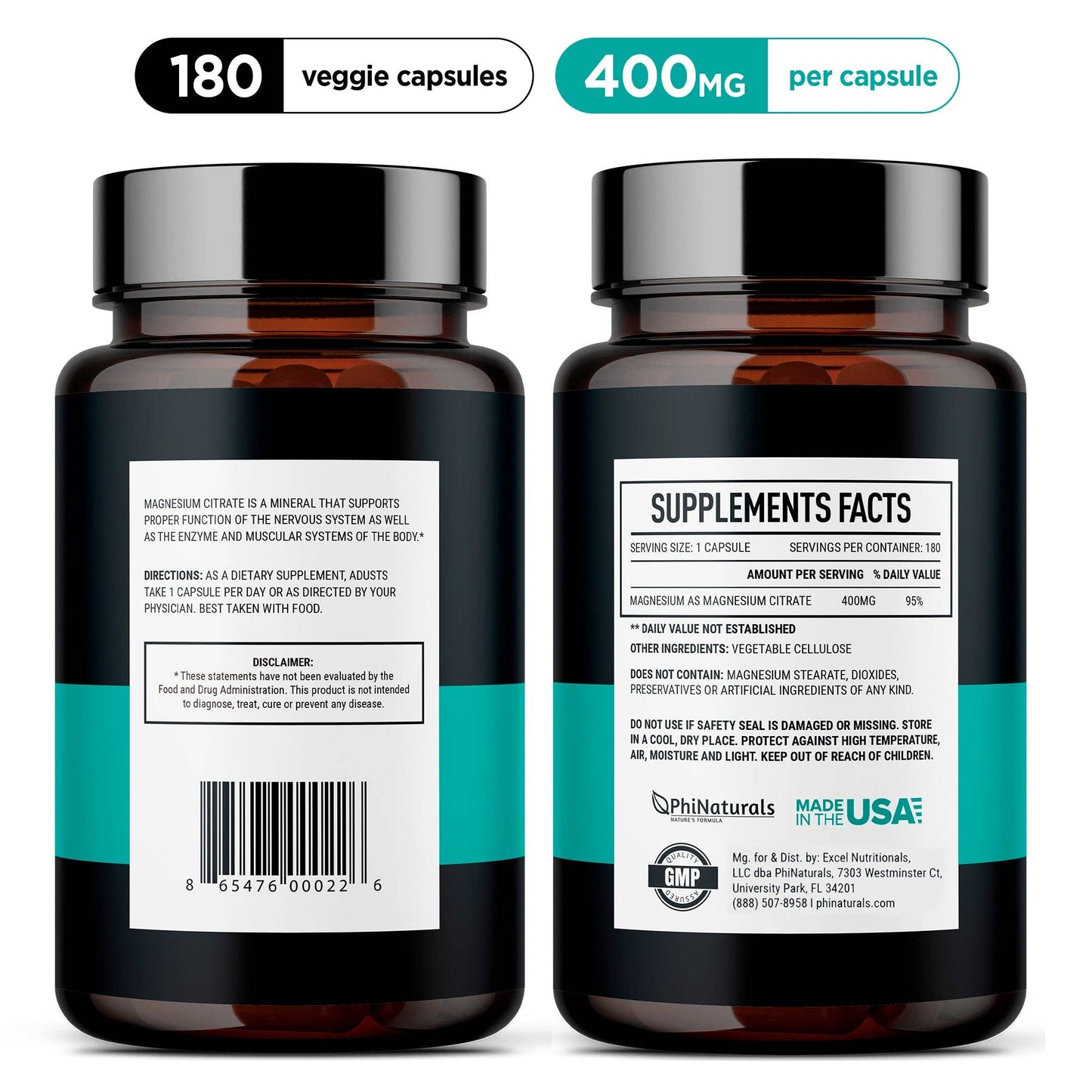 Phi Naturals Magnesium Citrate 400mg – Sleep, Relaxation, Muscle & Energy Support | Non-GMO, Gluten Free