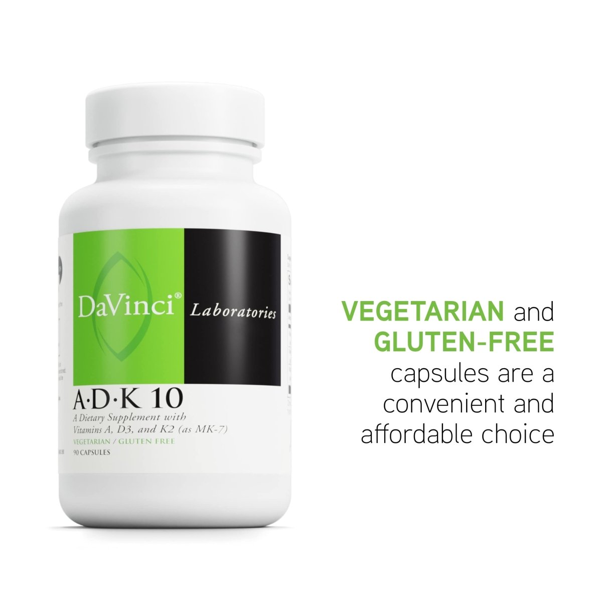 DaVinci Labs ADK 10 - With Vitamin A, Vitamin D3 10,000 IU and Vitamin K2 - Gluten-Free - 90 Vegetarian Capsules