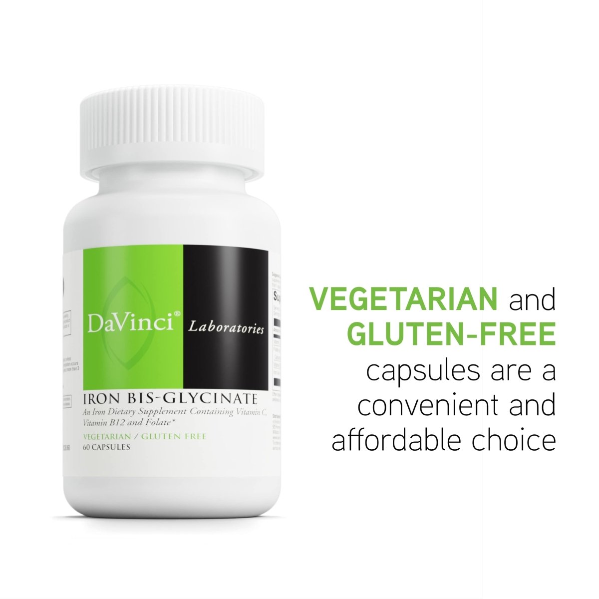 DaVinci Labs Iron Bis-Glycinate - Iron Supplement for Women or Men - Gluten-Free - 60 Vegetarian Capsules