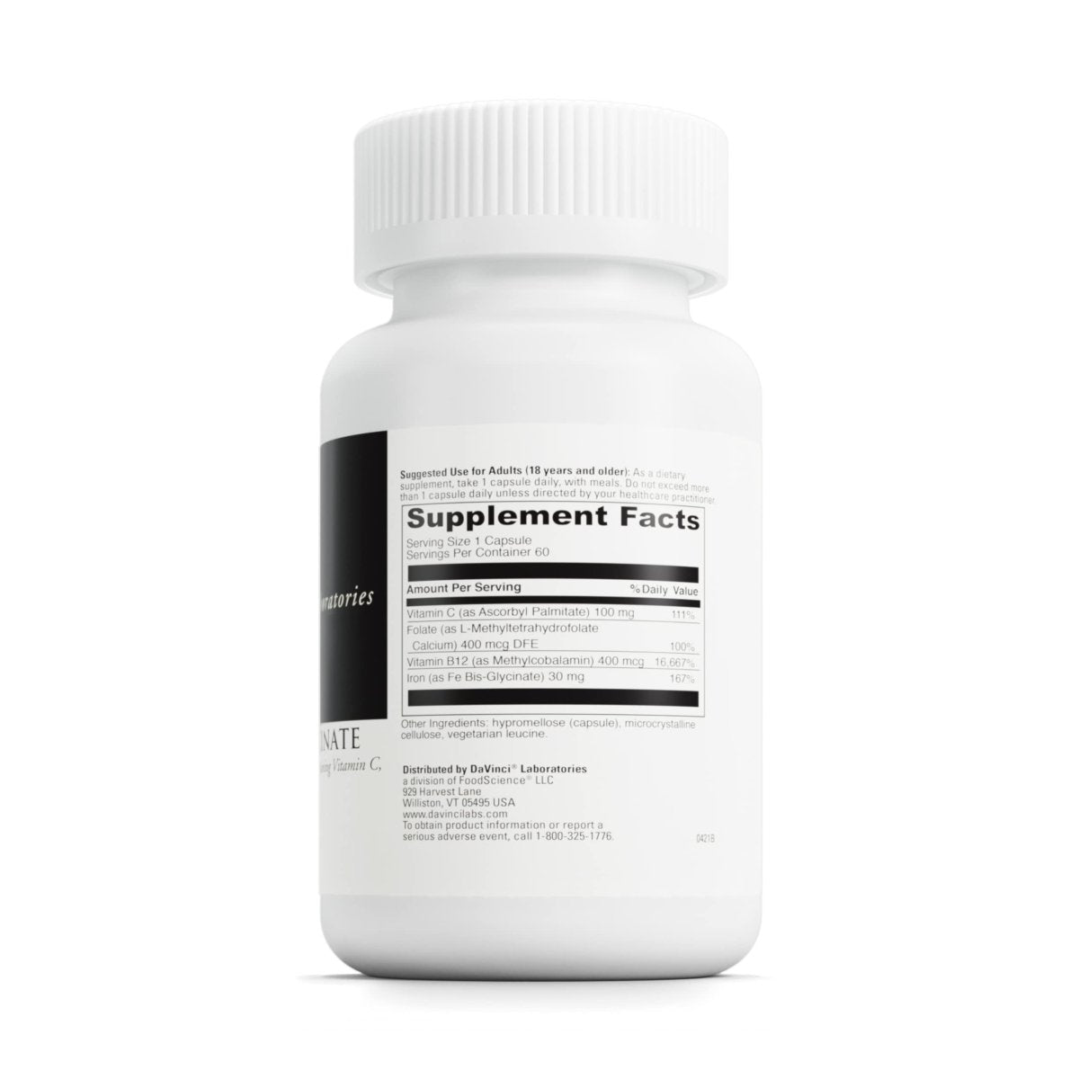DaVinci Labs Iron Bis-Glycinate - Iron Supplement for Women or Men - Gluten-Free - 60 Vegetarian Capsules