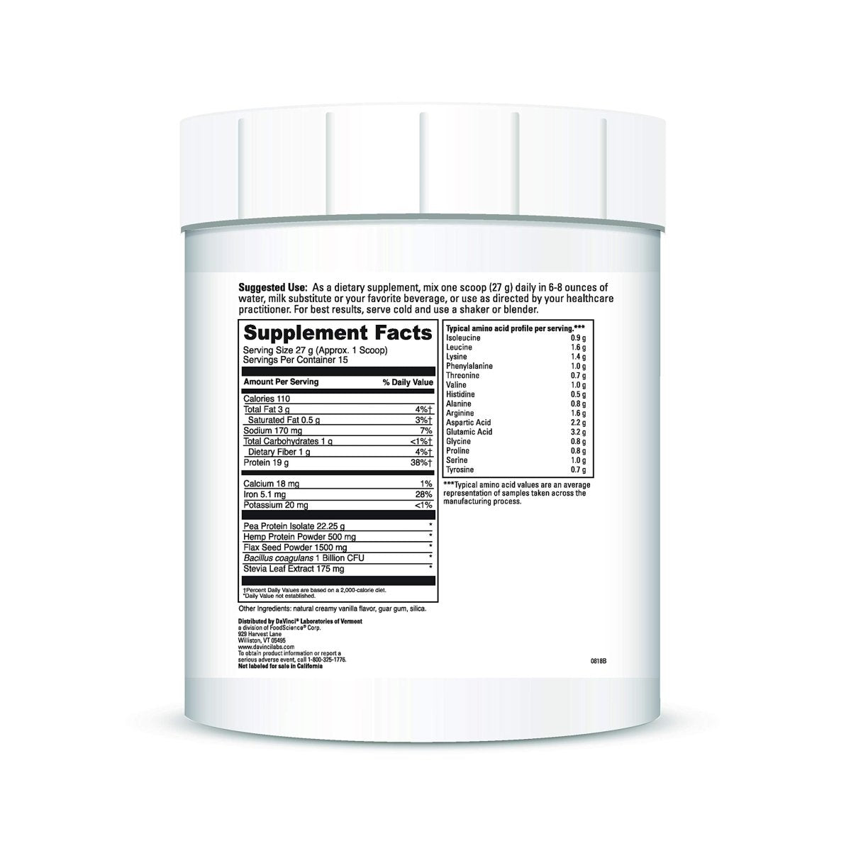 DAVINCI Labs Vegan Protein - Protein Powder Supplement for Weight Support, Muscle and Tissue Repair - Creamy Vanilla Flavor - Soy and Gluten-Free - 447g, 15 Servings