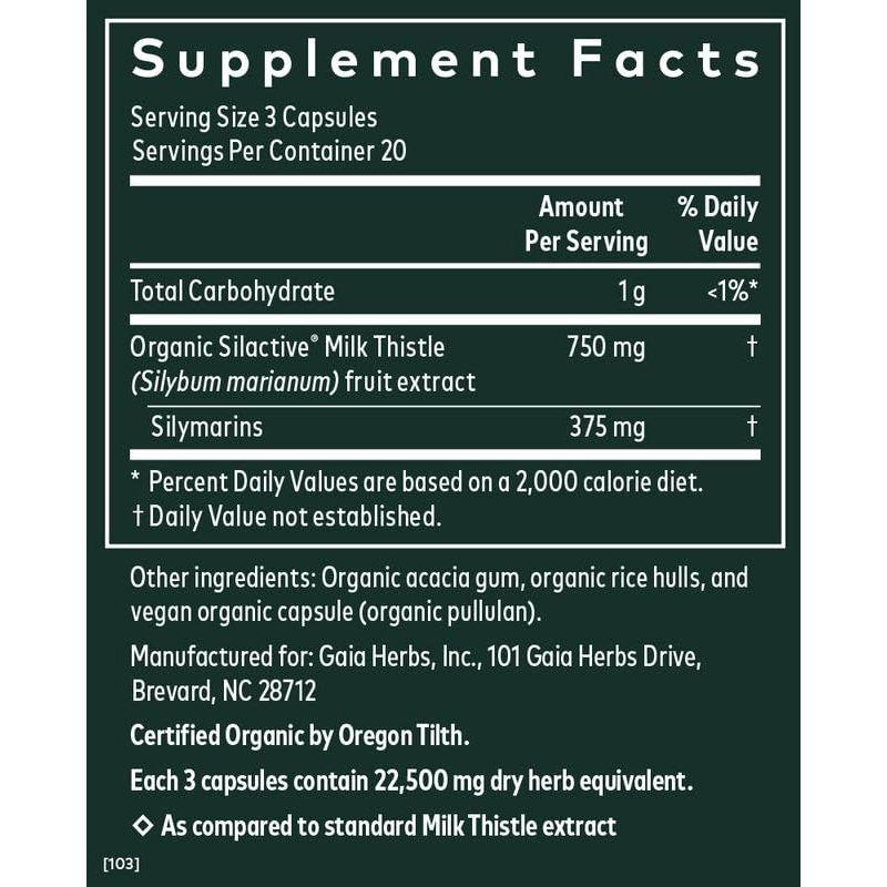 Gaia Herbs Milk Thistle - Liver Supplement & Cleanse Support for Maintaining Healthy Liver Function - 120 Vegan Capsules (20-Day Supply)