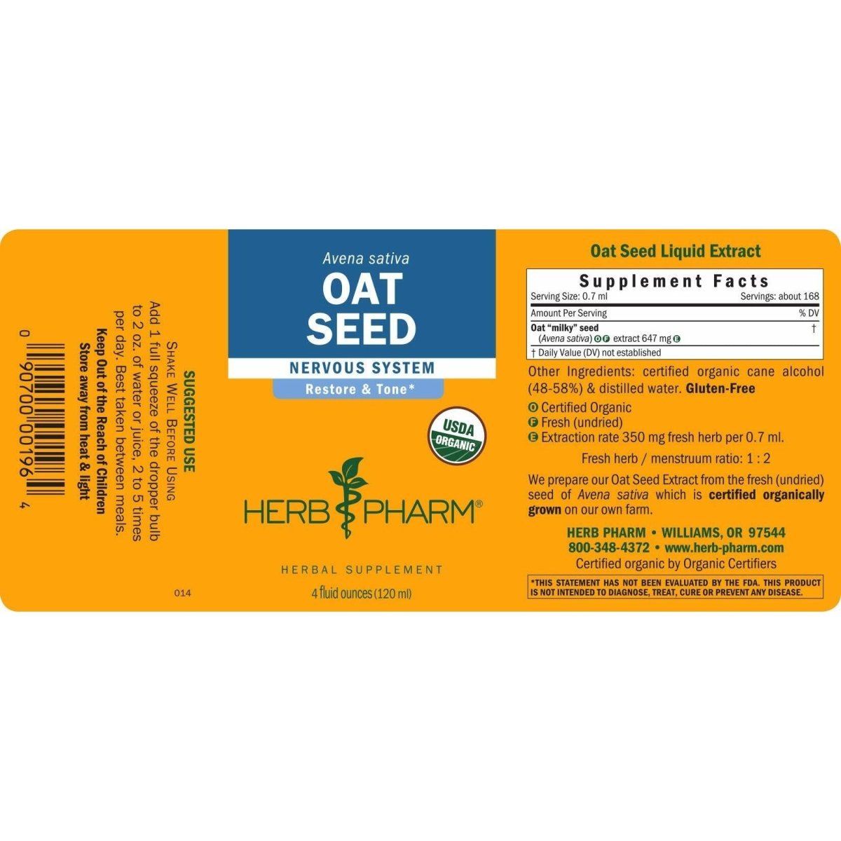 Herb Pharm Certified Organic Oat Seed Liquid Extract for Nervous System Support - 4 Ounce
