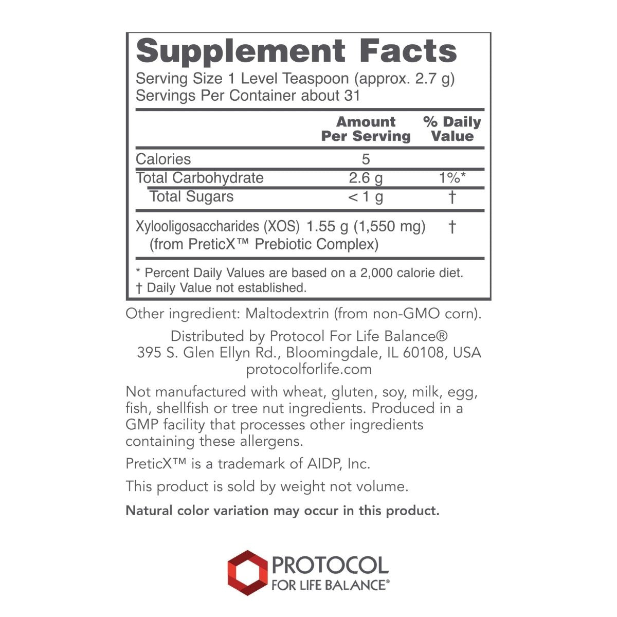 PROTOCOL FOR LIFE BALANCE - Prebiotic Powder XOS - 3 Ounces Powder