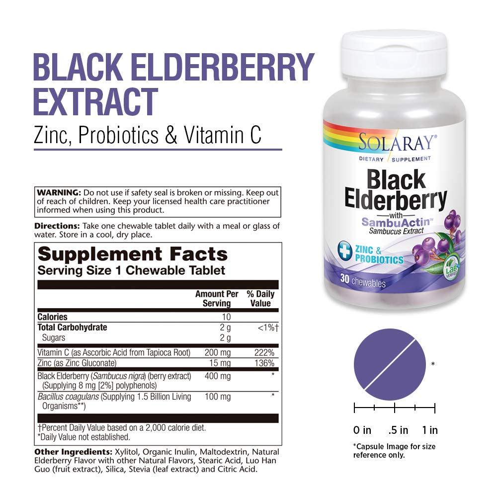 Solaray Black Elderberry Extract with Zinc, Probiotics & Vitamin C 30 Chewable Tablets