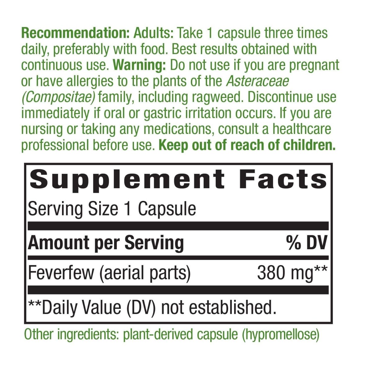 Nature's Way Feverfew Herb, Traditional Blood Vessel Relaxation, 380 mg, 100 Vegan Capsules