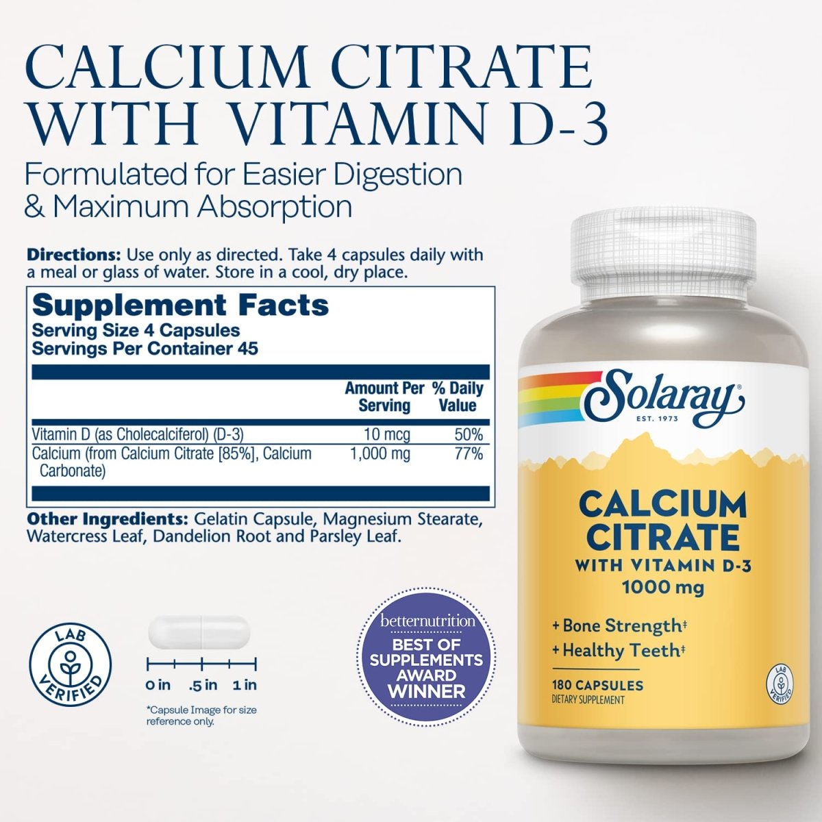Solaray Calcium Citrate with Vitamin D-3 1000mg 180 Ct