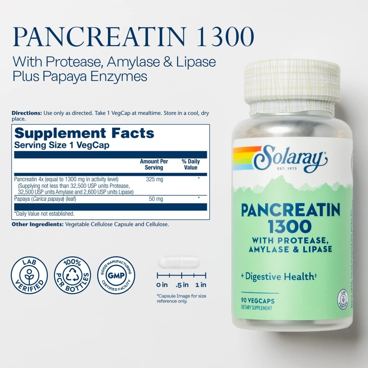 SOLARAY Pancreatin 1300 90 VegCaps, 90 Serv.