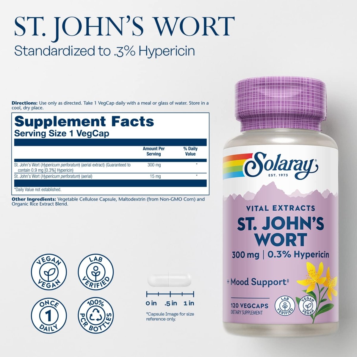 SOLARAY St John's Wort Aerial Extract 300 mg, 0.3% Hypericin, Mood & Brain Health Support, Vegan & Lab Verified for Quality, 120 Servings, 120 VegCaps