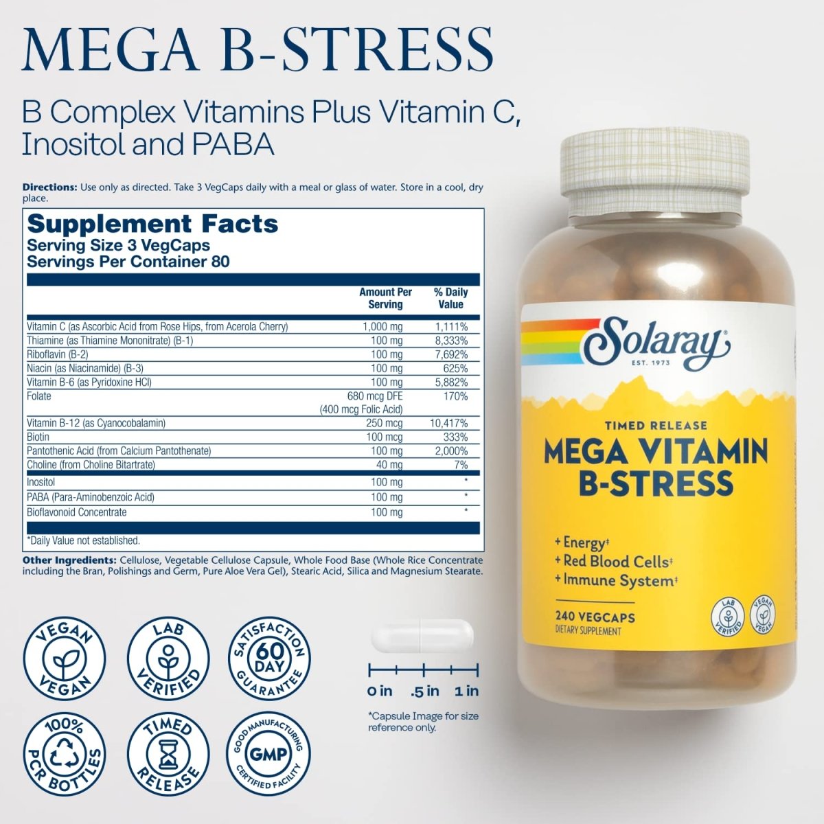 Solaray Mega Vitamin B-Stress, Two-Stage Timed-Release Vegan (120 CT) (240 CT)