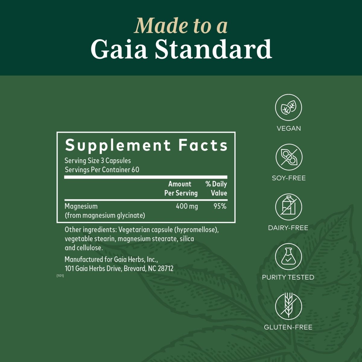 Gaia PRO Magnesium Glycinate 400 - Sleep Support & Stress Relief - 180 Capsules (60 Servings)