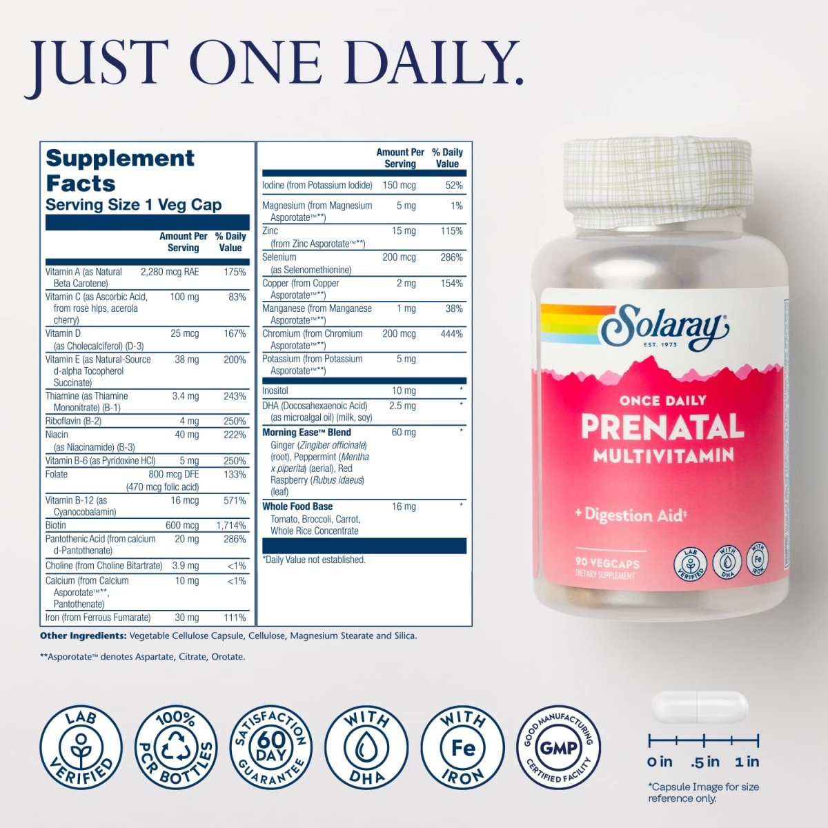 Solaray Once Daily Prenatal Multivitamin with Iron & DHA -90 VegCaps