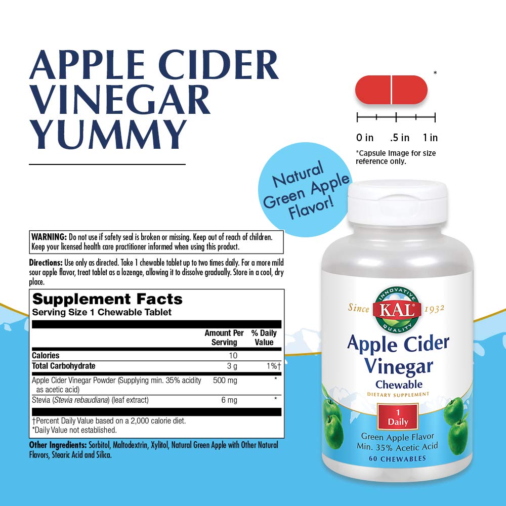 KAL Chewable Tablets, Apple Cider Vinegar, 500 mg, 60 Count