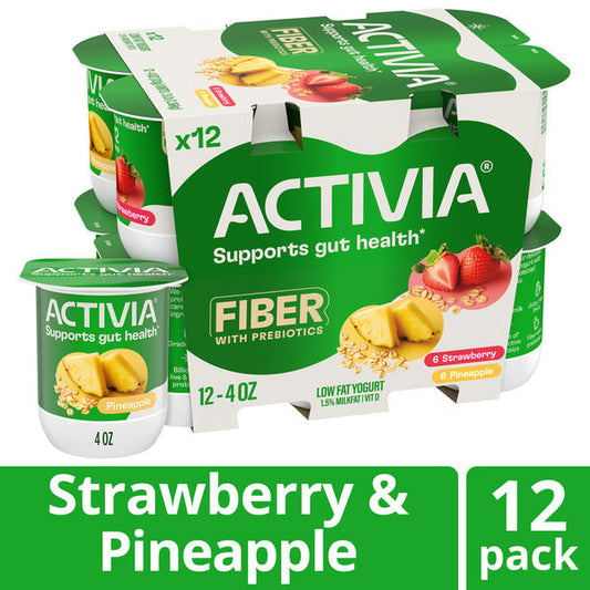 Activia Fiber Strawberry and Pineapple Probiotic Yogurt, Delicious Low Fat Yogurt Cups with Prebiotics to Help Support Gut Health, Variety Pack, 4 oz, 12 Count