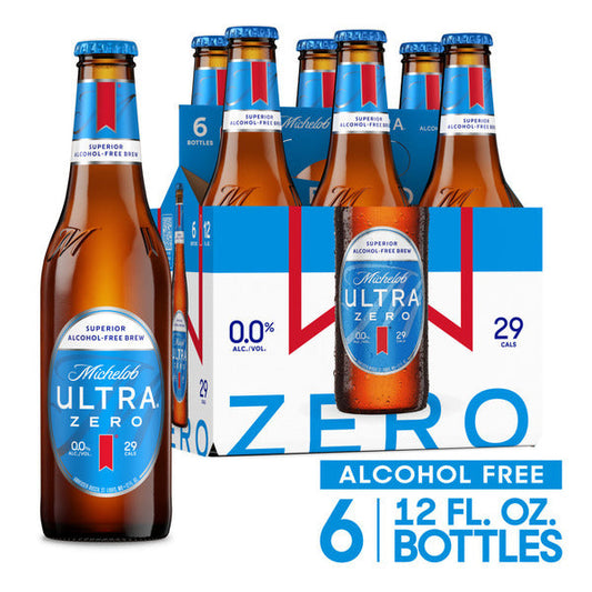 Michelob ULTRA Zero Non-Alcoholic American Lager Beer, 6 Pack 12 Fl Oz Glass Bottles