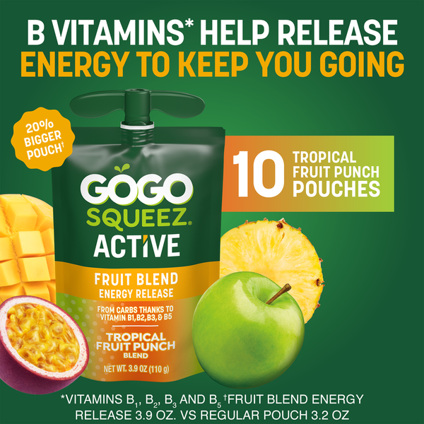 GoGo Squeez Active Energy No Sugar Added Tropical Fruit Blend Pouches, 3.9 oz (10 Pack)