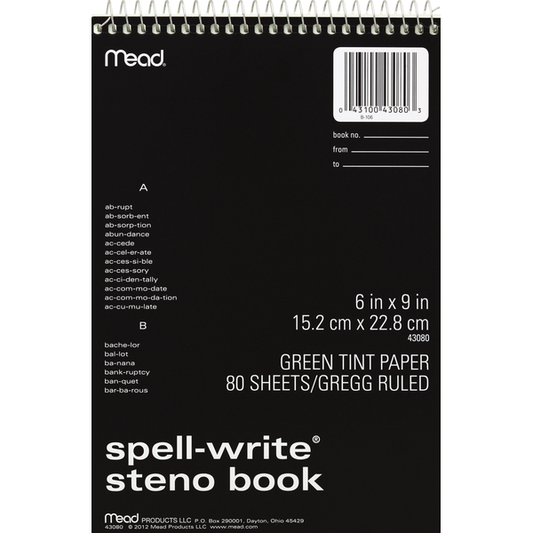 Mead Steno Book, Spell-Write, Green Tint, Gregg Ruled, 80 Sheets