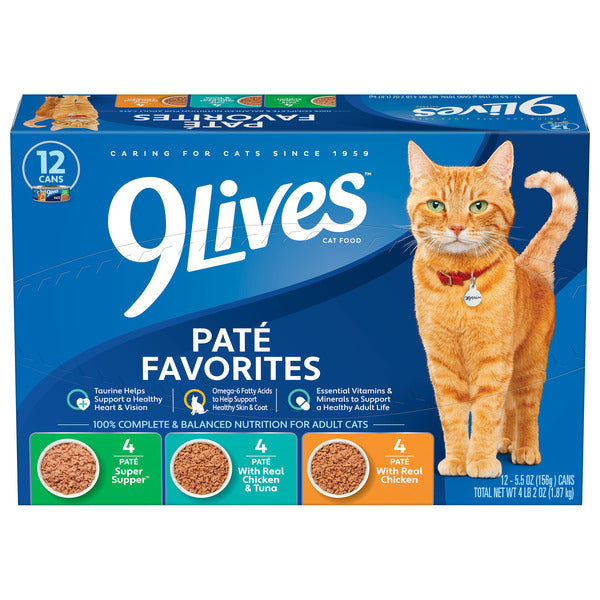 9Lives Paté Favorites Wet Cat Food Variety Pack, 5.5 oz. Cans (Pack of 12)