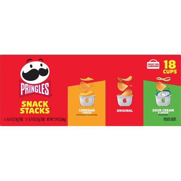Pringles Potato Crisps, Cheddar Cheese, Original, Sour Cream & Onion, Snack Stacks