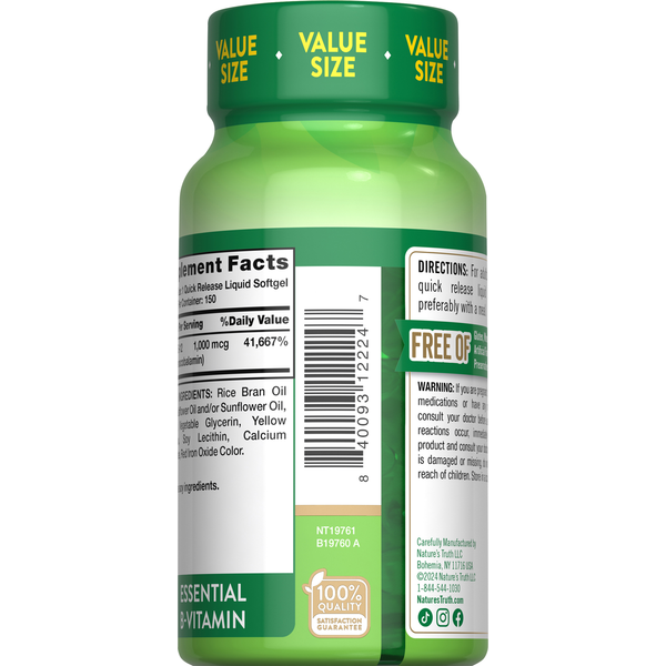 Nature's Truth Absorbable 1000 mcg B-12 Value Size