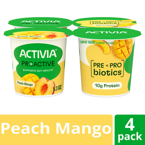 Activia Proactive Peach Mango Prebiotic and Probiotic Yogurt, Creamy Low Fat Yogurt Cups, 5.3 oz, 4 Count