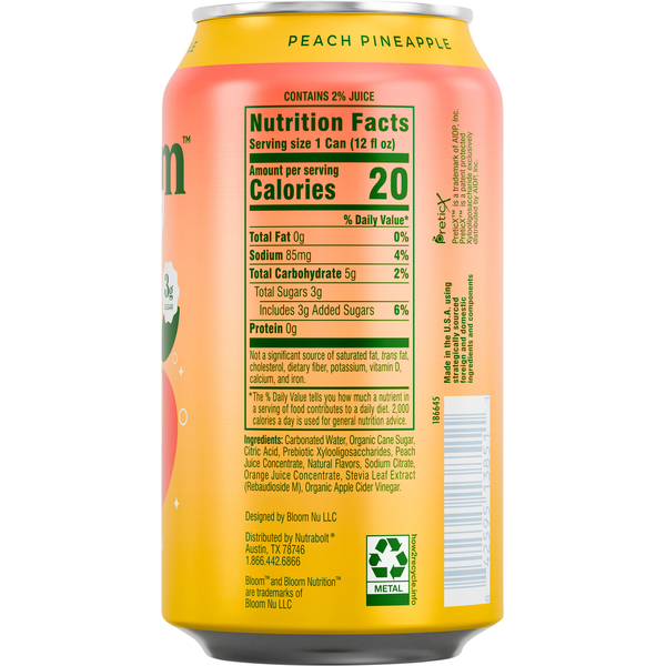 Bloom Pop Caffeine Free Peach Pineapple Prebiotic Soda