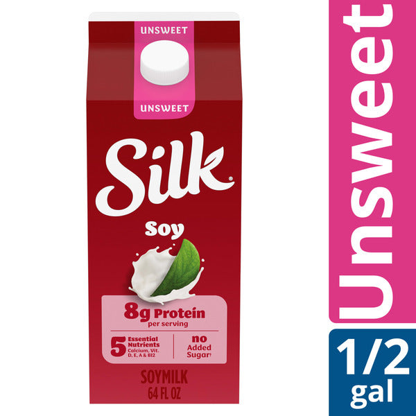 Silk Soy Milk, Unsweet, Dairy Free, Gluten Free, Delicious Vegan Plant Based Milk with No Added Sugar and 5 Essential Nutrients, 64 fl oz Half Gallon