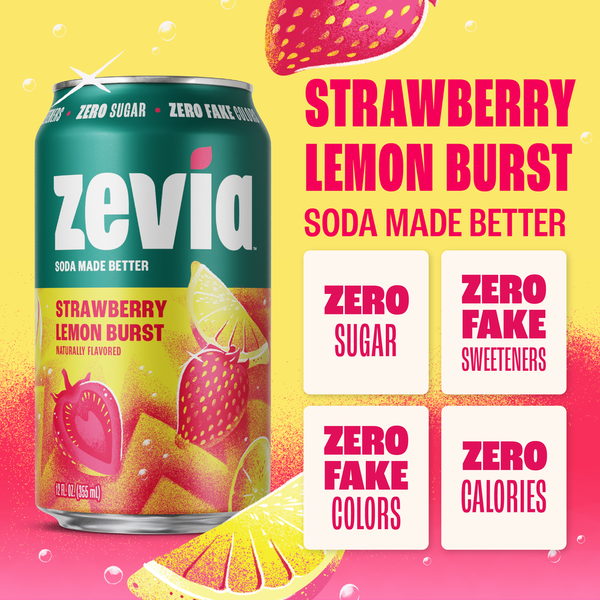 Zevia Soda, Zero Sugar, Strawberry Lemon Burst