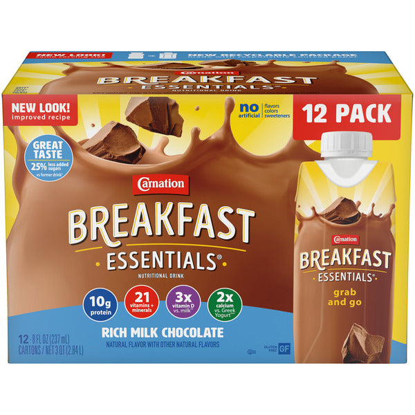 Carnation Breakfast Essentials Nutritional Drink, Rich Milk Chocolate, 12 Pack