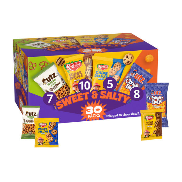 Keebler Sweet & Salty Variety Pack, 30-Count Box,  Includes Keebler Chips Deluxe, Fudge Stripes, Utz mini Pretzels and Cheese Balls, 31 oz