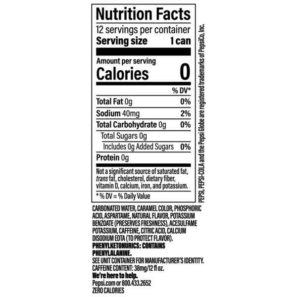 Pepsi Zero Sugar Soda Cola 12 Fl Oz, 12 Count