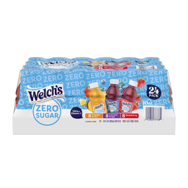 Welch's Zero Sugar Drink Variety Pack, Tropical Punch / Strawberry / Concord Grape, 10 fl oz On-the-Go Bottle (Pack of 24)