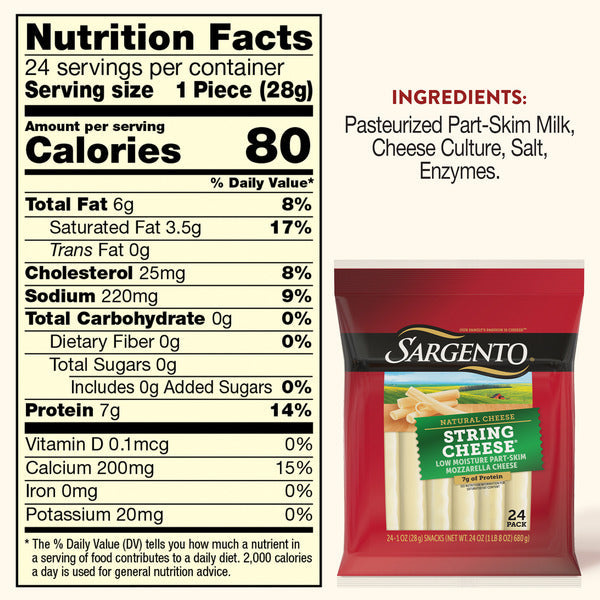 Sargento Natural Low Moisture Part-Skim Mozzarella String Cheese, 24-Count