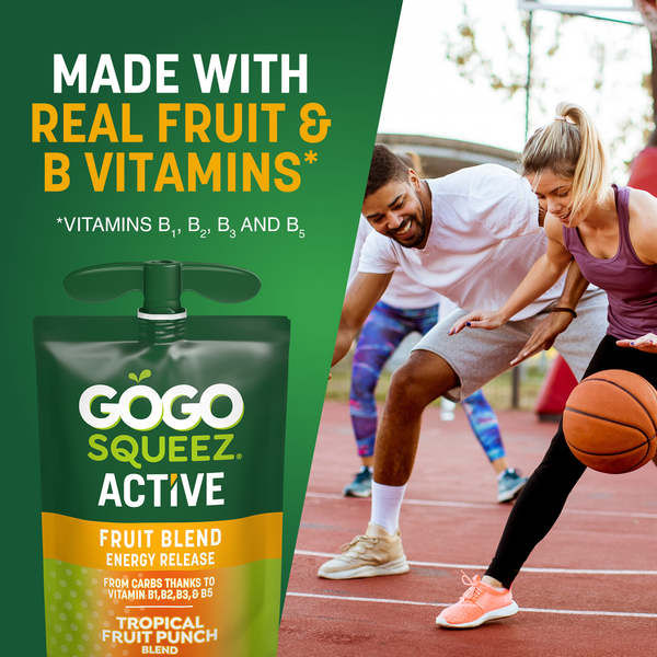 GoGo Squeez Active Energy No Sugar Added Tropical Fruit Blend Pouches, 3.9 oz (10 Pack)