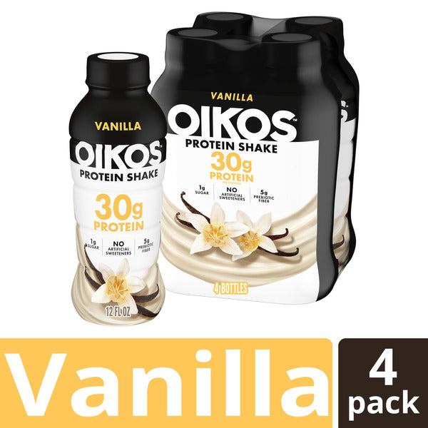Oikos Protein Shake, Vanilla, 30g High Protein Drinks, Shelf Stable, Ready to Drink, 5g Prebiotic Fiber, 12 fl oz Bottle, 4 Count