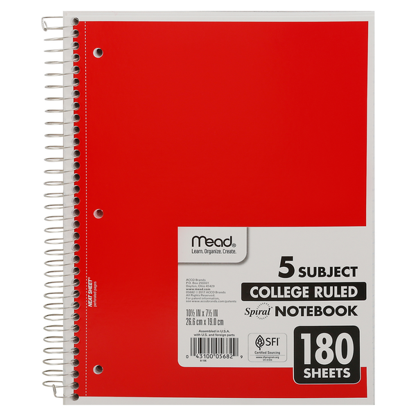 Mead Notebook, Spiral, 5 Subject, College Ruled, 180 Sheets