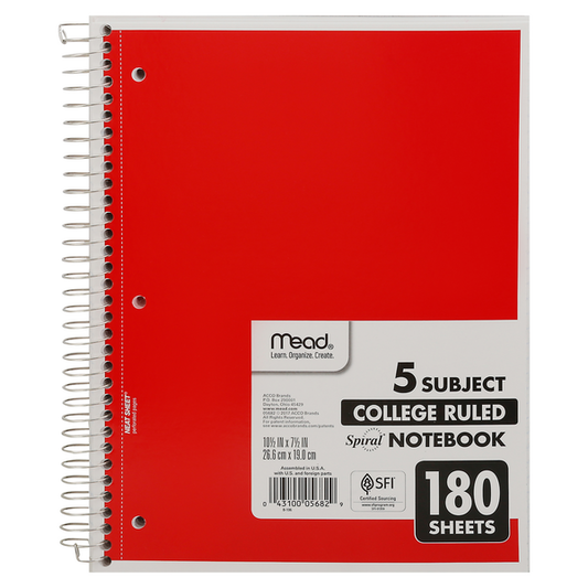 Mead Notebook, Spiral, 5 Subject, College Ruled, 180 Sheets