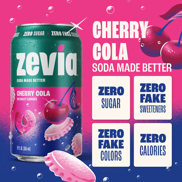 Zevia Soda, Zero Sugar, Cherry Cola, 6 Can