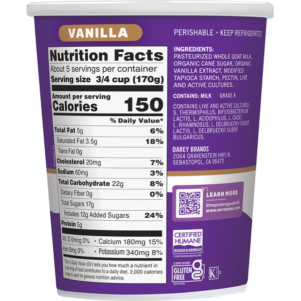 Meyenberg Goat Yogurt, Vanilla, Multiserve Tub