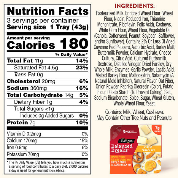 Sargento Balanced Breaks® Cheese + Crunch Mix Monterey Jack Natural Cheese and Buffalo Ranch Seasoned Snack Mix of Pretzels, Roasted Cashews, Corn Sticks, Toasted Bread Chips, Pita Chips, 3-Pack